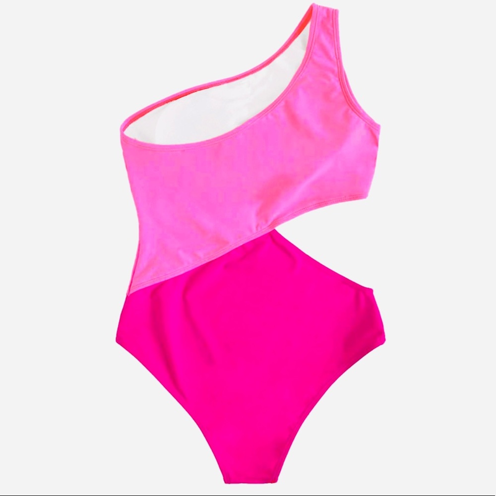 New ✨ Pink One Shoulder Color Blocked Monokini - Picture 2 of 8